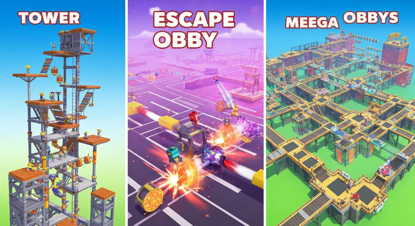 Different types of Roblox obby games — mega, tower, escape