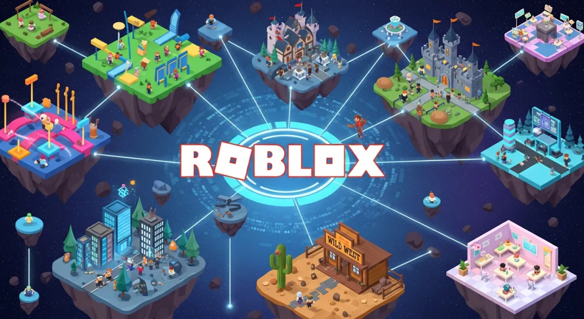 Overview of the Roblox universe with millions of players across diverse game worlds