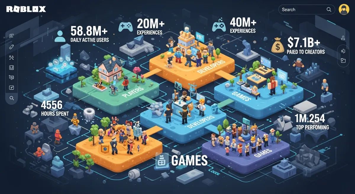 Roblox ecosystem showing players, developers, and games interconnected